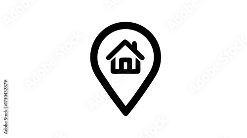 Home location map pin icon. House symbol within a navigation marker for address, real estate, property search, and dwelling pinpoint concept.