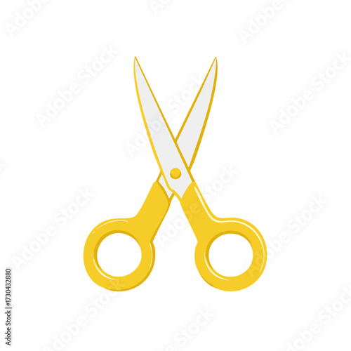 Bright yellow open scissors with white blades isolated on a white background, simple cartoon style