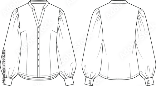 Women’s blouse cad drawing flat vector illustration, front and back view, fashion sketch, garment construction, puff sleeve design template