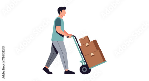 Delivery person pushing cart filled with cardboard boxes illustrates logistical operations and transport services for businesses