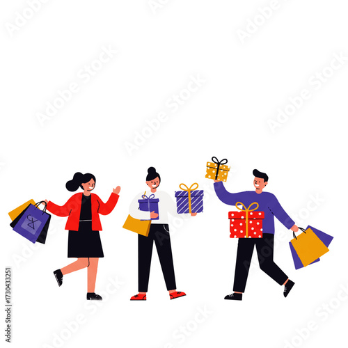 Happy People Shopping with Gifts and Bags Celebrating Sales and Special Occasions.