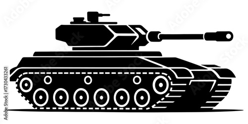 A black tank with a white background. The tank is in motion and has a sense of power and strength. Vector. Silhouette illustration.