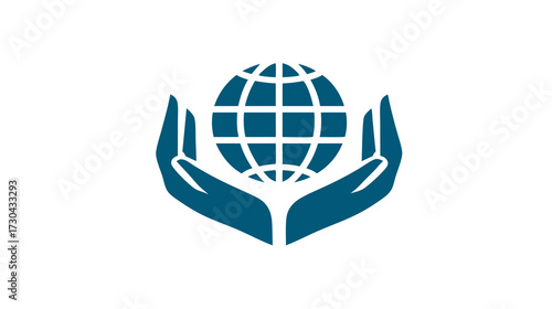Abstract graphic of human hands gently holding and protecting a grid-patterned globe, symbolizing global care, environmental responsibility, and interconnectedness.