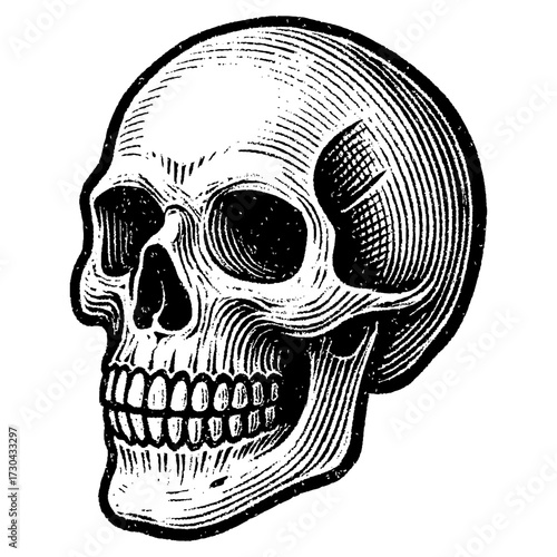 A skull with a smile on it. The skull is black and white. The smile gives the skull a more friendly. Vector. Silhouette illustration.