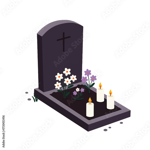 Isometric Gravestone with Cross Flowers and Lit Candles.