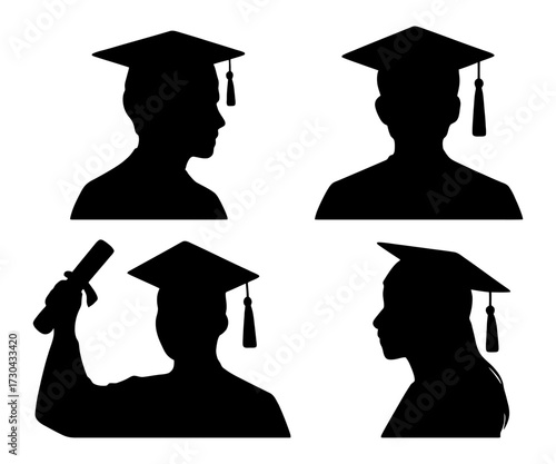 Four silhouettes of people wearing graduation caps and gowns. One of the silhouettes is holding a diploma. Vector. Silhouette illustration.