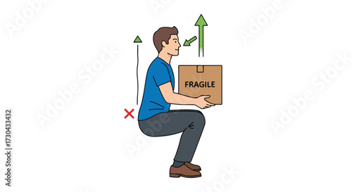 Illustration demonstrating incorrect lifting technique, potentially causing back pain and injuries with a fragile package in the illustration man