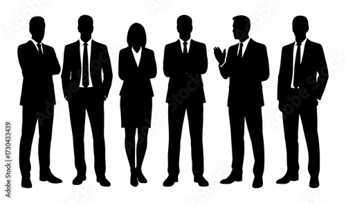 A group of men in suits are standing in a line. They are all dressed professionally. Vector. Silhouette illustration.