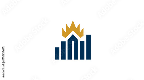 Abstract logo: house silhouette on a rising bar chart with a golden crown, symbolizing real estate growth, property investment, and financial success.