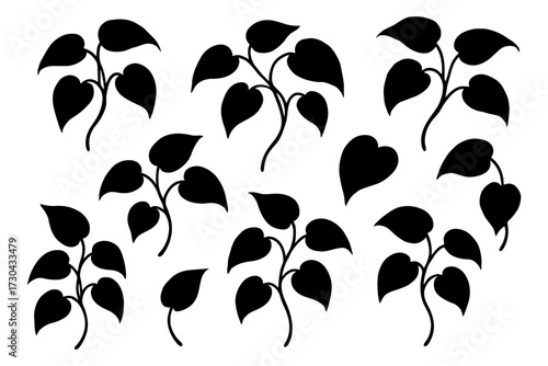 A row of black leaves with a white background. The leaves are arranged in a pattern. The image has a calm. Vector. Silhouette illustration.