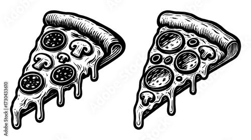 Two slices of pizza with cheese and mushrooms. One slice has a lot of cheese. Vector. Silhouette illustration.