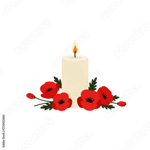 Lit Candle with Red Poppies for Remembrance.