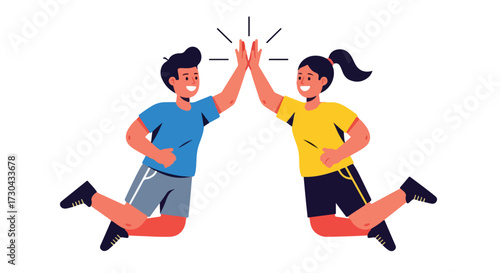 Dynamic duo, celebrating their triumph with a high-five, a joyful moment of friendship and accomplishment, vibrant colors and spirited energy