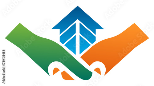Abstract graphic of interlocking hands supporting a house icon, symbolizing community, real estate, home ownership, partnership, and assistance.