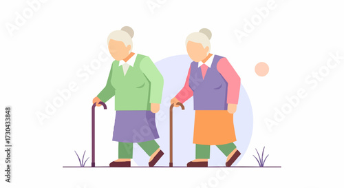 Two elderly women with canes walking side-by-side on a white background, depicted in a flat, minimalist vector style.