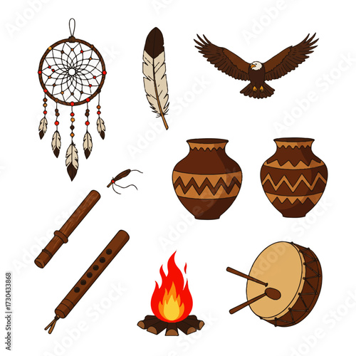 Native American Cultural Symbols and Traditional Items Collection.