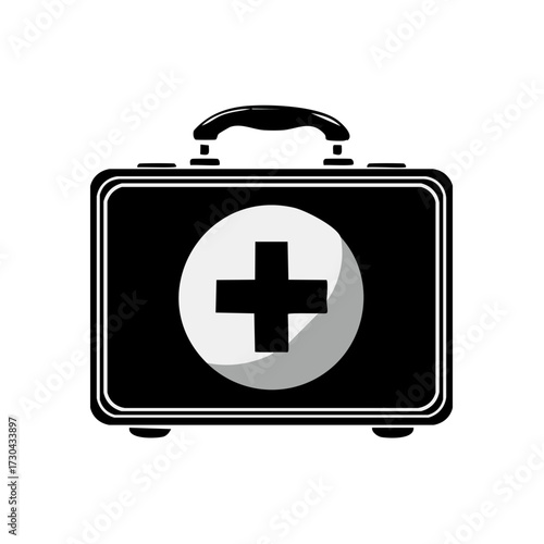 Black and white vector graphic of medical first aid box with a cross on the front