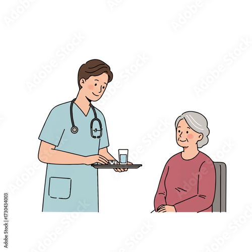 Nurse offering medication and water to elderly patient.