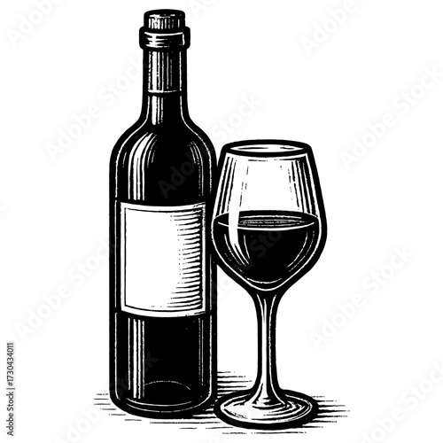 A bottle of wine and a wine glass, both of which are depicted in black and white. Vector. Silhouette illustration.