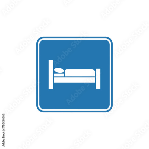 White bed symbol on blue square indicates lodging or accommodation for travelers in a simple and clean way.