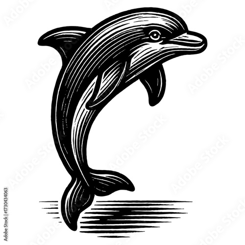 A black and white dolphin is leaping out of the water. The dolphin is the main focus of the image. Vector. Silhouette illustration.