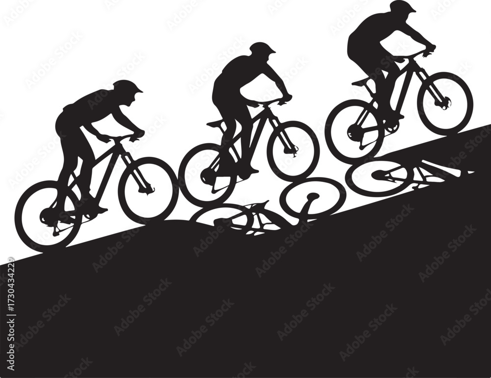 Obraz premium Mountain bikers climbing a hill in silhouette style