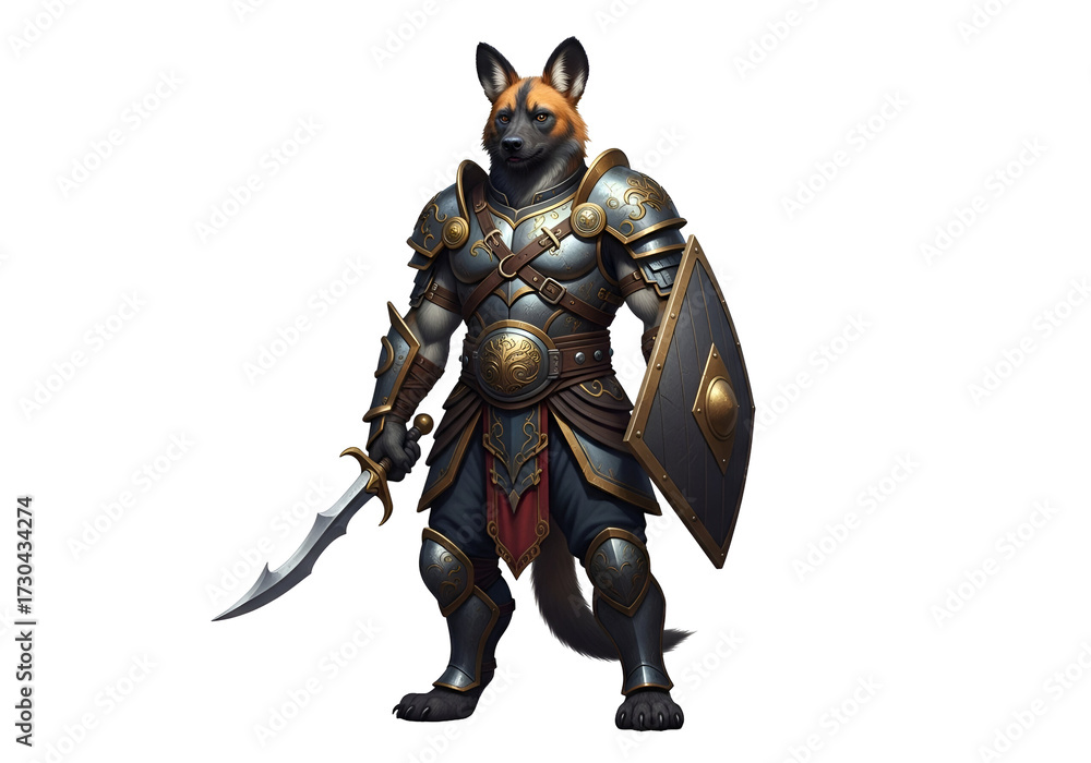 Fototapeta premium A magnificent anthropomorphic canine warrior stands proudly in full plate armor, holding a sword and shield, bathed in dramatic lighting against a stark black backdrop.