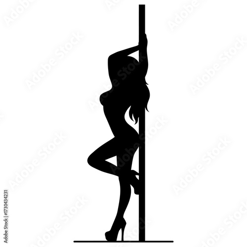 A woman is standing on a pole. She is wearing high heels and is dressed in a black outfit. Vector. Silhouette illustration.