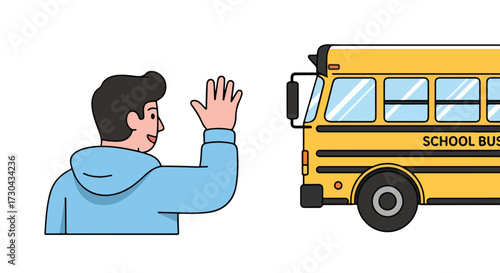 Illustrated farewell scene featuring a waving boy and a bright yellow school bus ready for the commute