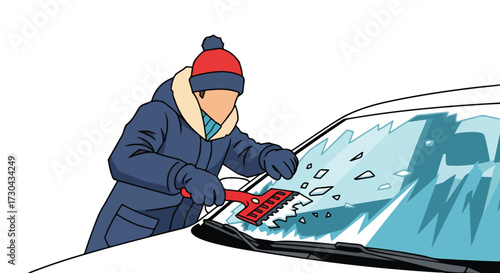 Illustration of a person clearing ice from a car windshield during the winter season demonstrating safety and preparation for cold weather driving