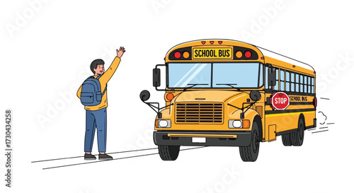 Animated illustration of a student waving goodbye to a departing classic yellow school bus with school bus text prominently displayed