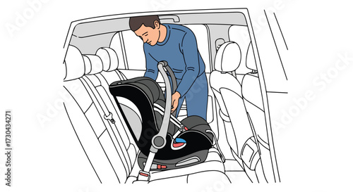 Attentive father securing infant car seat in car back seat demonstrating safety measures for child passenger safety and convenience for family travel
