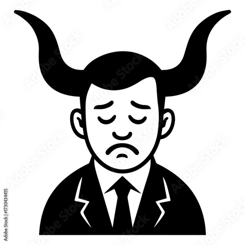 A man with horns on his head is wearing a suit and tie. He looks sad and is frowning. Vector. Silhouette illustration.