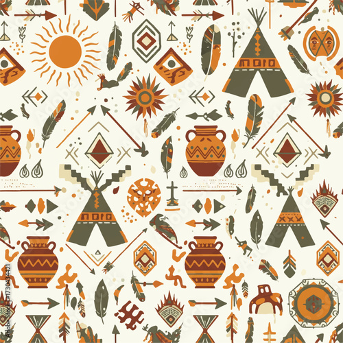 Seamless Tribal Boho Pattern with Native American Elements.