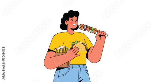 Cheerful illustration of a woman enjoying a variety of fast food with a bright and vibrant color scheme showcasing a modern digital art style