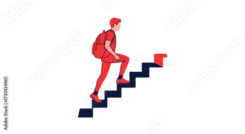 Illustration depicting a person ascending stairs, symbolizing ambition and progress with a minimalist design style on a white background