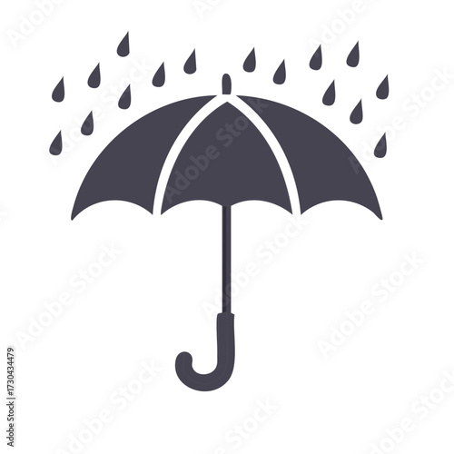Dark grey umbrella with falling raindrops simple weather forecast icon illustration