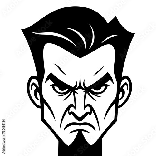 A cartoonish man with a menacing look on his face. The man is wearing a black shirt and has a black beard. Vector. Silhouette illustration.