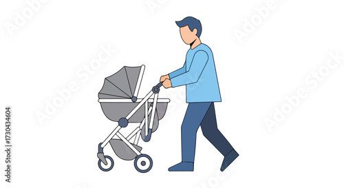 An illustration of a faceless man walking and pushing a baby carriage showcasing modern parenthood and familial responsibility with a serene