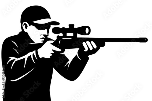 A man is holding a rifle and looking through a scope, preparing to take a shot. He is wearing a hat and sunglasses. Vector. Silhouette illustration.