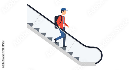 A Modern Illustration of a Man Riding Down an Escalator in a Public Space Setting Portrayal 98349284