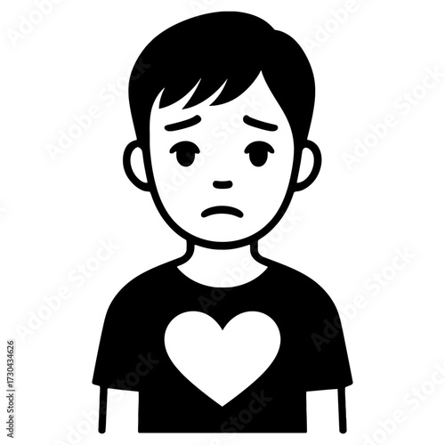 A boy with a heart on his shirt is looking sad. The heart on his shirt is black and white. Vector. Silhouette illustration.