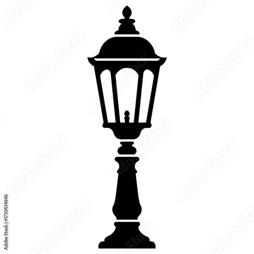 A black and white lamp post with a white background. The lamp post is tall and slender, with a black base. Vector. Silhouette illustration.