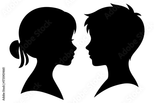 Two silhouettes of a boy and a girl. The girl has a ponytail and the boy has short hair. Vector. Silhouette illustration.