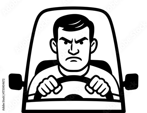 A man is driving a car and is angry. He is looking at the camera. The car is black. Vector. Silhouette illustration.