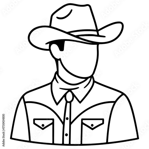 A man in a cowboy hat and a shirt with pockets is the main focus of the image. Vector. Silhouette illustration.