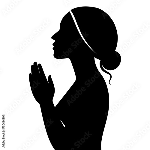 A woman is praying with her hands clasped together. Concept of peace and devotion. Vector. Silhouette illustration.