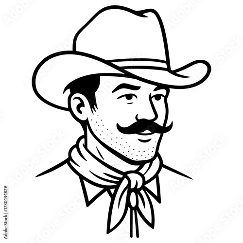A man wearing a cowboy hat and a bandana. He has a mustache and a beard. He is smiling. Vector. Silhouette illustration.
