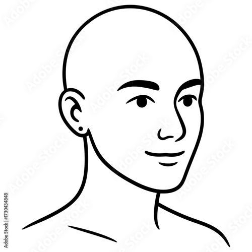 A man with a shaved head and no hair. He has a smile on his face. The image is black and white. Vector. Silhouette illustration.