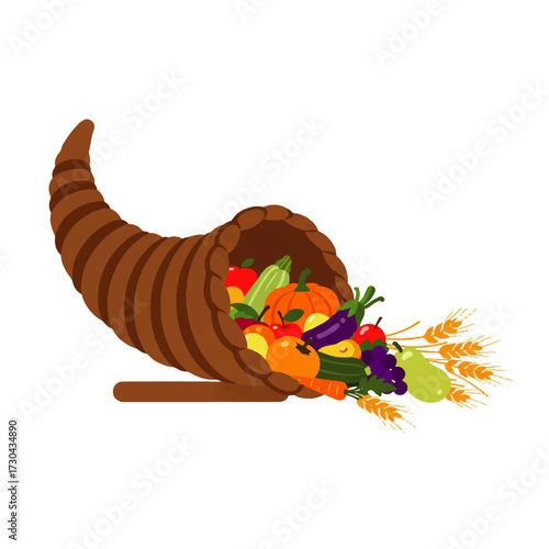 Traditional Cornucopia Horn of Plenty with Harvest Produce.